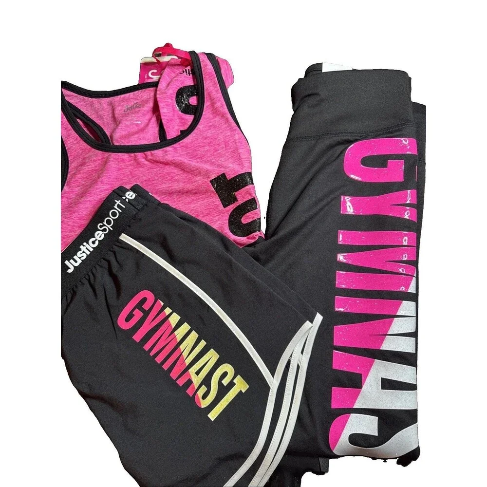 Justice Girls Tank Top Shorts Leggings GYMNAST Logo 3 Piece Set Size L (12-14)